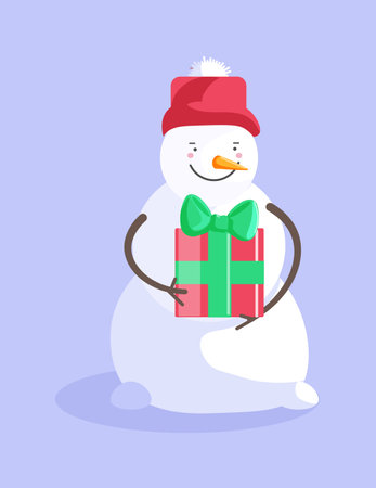 Happy snowman holding Christmas gift box isolated on blueのイラスト素材