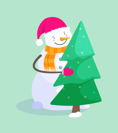Happy snowman in Santa hat with fir tree on green backgroundのイラスト素材
