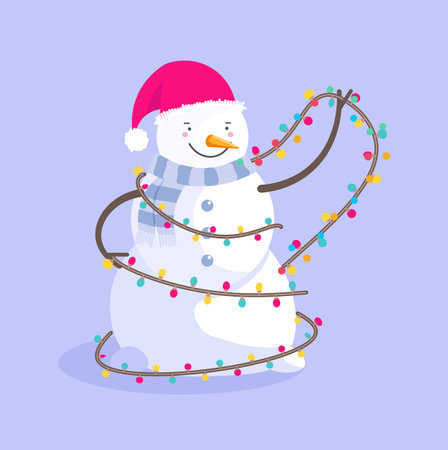 Smiling snowman character with light garland around on blueのイラスト素材