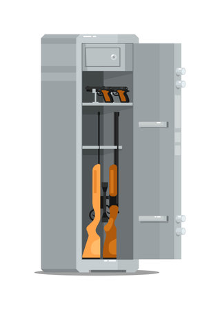 Open metal weapon safe with guns and rifles on whiteのイラスト素材