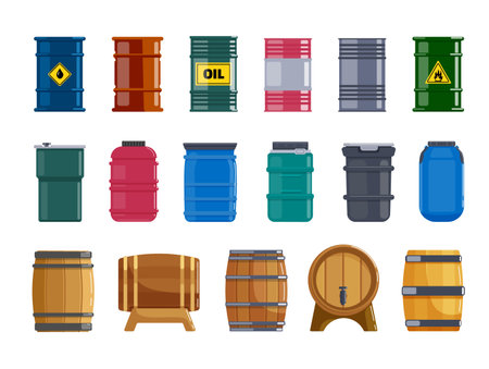 Metal, plastic, wooden barrel capacity tank for liquid set. Different cask for safety storage, delivery shipping hazard fuel, flammable gasoline, oil, wine beer vector illustration isolated on whiteのイラスト素材