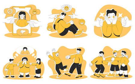 Problem of mockery, bullying at school and cyber-bullying. Sad teenage girl and boy suffering from fat body shaming, abusive text message, stress at school, bullying by classmate vector illustrationのイラスト素材