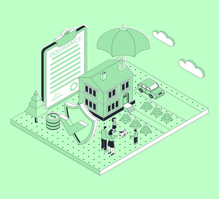 Happy family at home, finance and property insurance service. Contract policy document and insured home, car, parent and kid, family savings under protection from risk isometric vector illustrationのイラスト素材
