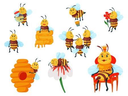 Cartoon funny yellow bee mascot and honeybee family set. Flying with honey busy insect, smelling flower and resting character, bee queen and beehive vector illustration isolated on white backgroundのイラスト素材