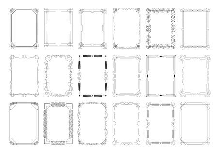 Decorative frame, ornate border and elegant vignette set. Black filigree ornamental picture frame design rectangle shape with blank empty space vector illustration isolated on white backgroundのイラスト素材