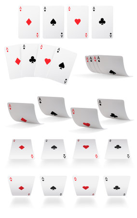 Realistic casino poker gamble ace playing card falling set. Pike, rhombus, cross, heart ace with shadow meaning jackpot, fortune, gaming quadruplets vector illustration isolated on white backgroundのイラスト素材