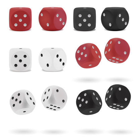 Realistic dotted red, black, white board game dice cube set. Gambling die with rounded edge and angle corner showing different combination vector illustration isolated on light backgroundの写真素材