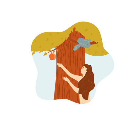 Eve picking forbidden apple fruit Bible story isolatedのイラスト素材