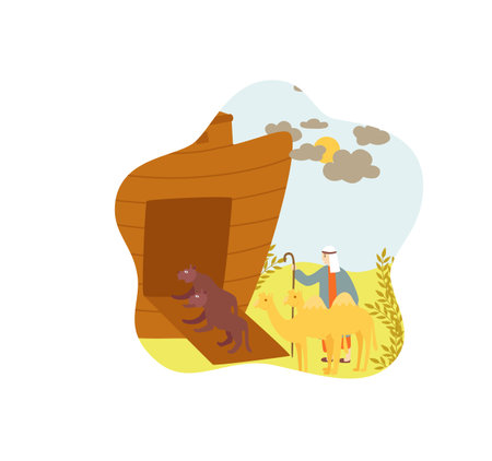 Animals arriving at Noah ark Bible story isolated on whiteのイラスト素材