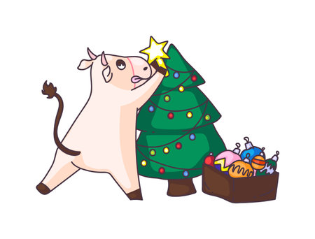 Cow decorating Christmas tree isolated on white backgroundのイラスト素材