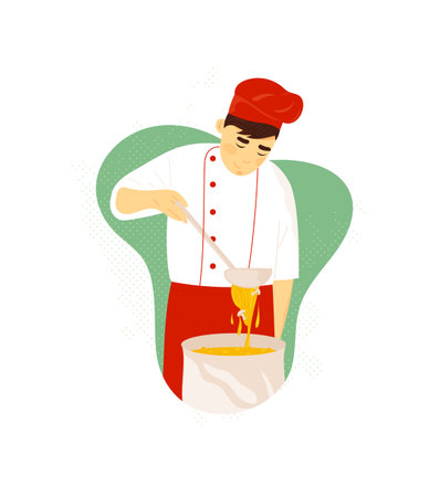 Asian chef person cooking soup in restaurant on whiteのイラスト素材