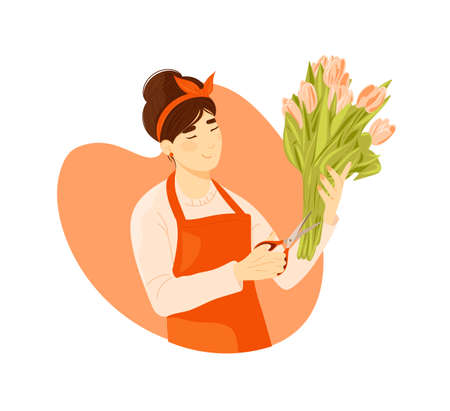 Florist woman arranging tulip flower bouquet isolatedのイラスト素材
