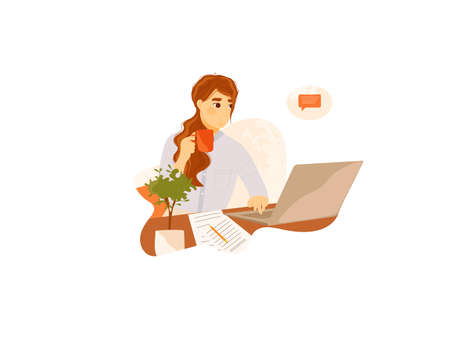 Woman working on laptop and drinking tea on whiteのイラスト素材