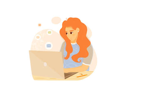 Woman working on laptop sending emails on white backgroundの写真素材