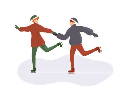 Friend skating on ice rink enjoy happy wintertime holidaysのイラスト素材