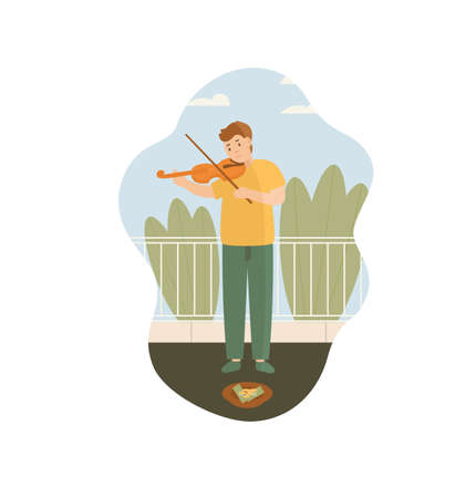 Poor man musician playing violin begging for help on streetのイラスト素材