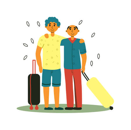 Male friend tourist with luggage bag isolated on whiteのイラスト素材