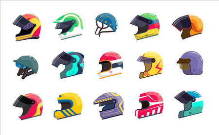 Motor helmet racing uniform with visor for head protect set. Biker workwear, racer hard hat, moto...
