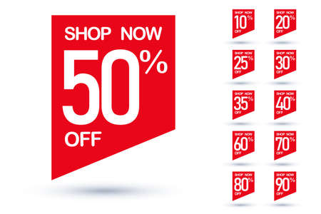 Shop now with percentage off red label sticker badge tag set. Special price cut commercial offer...