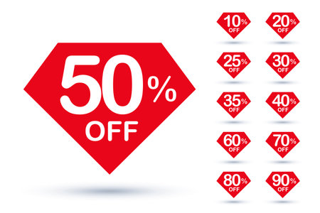 Diamond tag mark sale information coupon badge label set. Special price brilliant shape with different discount percent for clearance purchase vector illustration isolated on white backgroundのイラスト素材