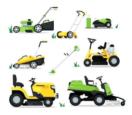 Lawn mover machine with engine and mechanical shear set. Trimming, pruning and cutting grass electric mower cultivator work tool for garden vector illustration isolated on white backgroundのイラスト素材