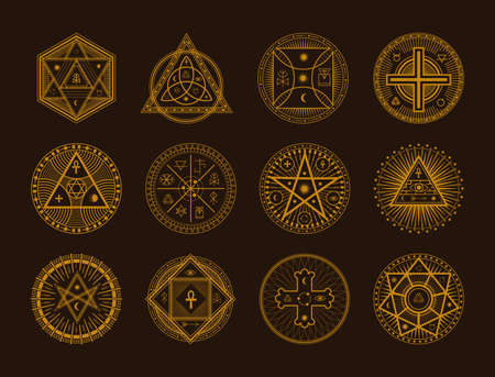 Occult sign, alchemy and astrology symbol set on blackのイラスト素材