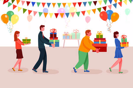 Different people carrying surprise gift box for presentのイラスト素材