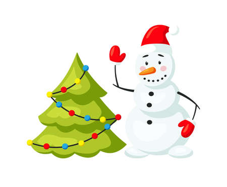 Funny snowman in Santa hat near xmas tree isolated on whiteのイラスト素材