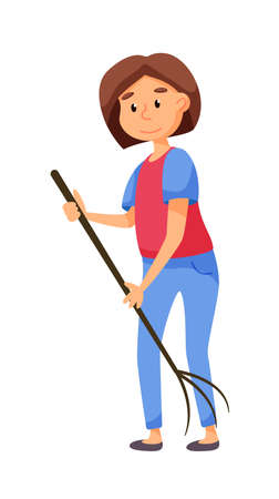 Woman working with rake isolated on white backgroundのイラスト素材