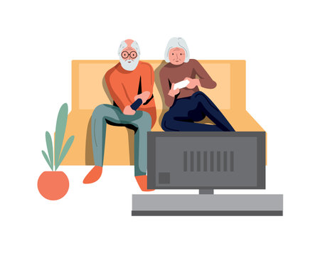 Elderly couple play video game isolated on whiteのイラスト素材