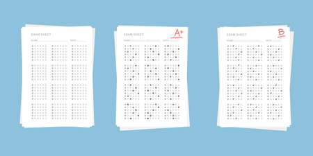 Exam sheet pile with test task and evaluation result set. Answered quiz checklist and success result assessment, idea of education test, questionnaire, document isolated vector illustrationのイラスト素材
