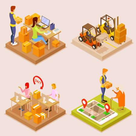 Logistics and delivery isometric set. Warehouse and goods storage, round-the-clock fast shippingのイラスト素材