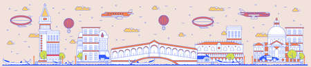 Venice architecture skyline cityscape travel poster. Famous Italian landmark and city sightseeingのイラスト素材