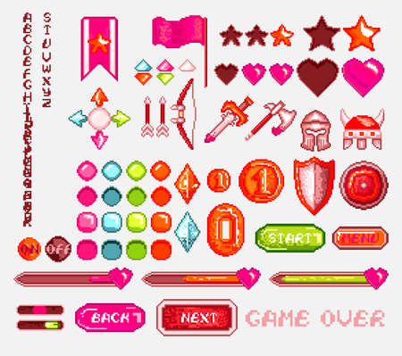 Pixel retro game asset icon and video arcade element set. Isolated pixelated warrior image 8 bit digital objectのイラスト素材