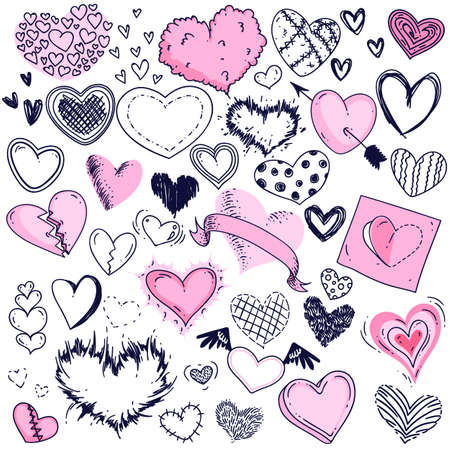 Doodle hearts set for valentine or wedding romantic greeting. Grunge hand drawn pencil calligraphic sketchのイラスト素材