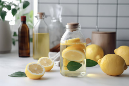 homemade cleaning product with lemon and essential oils, created with generative aiの素材
