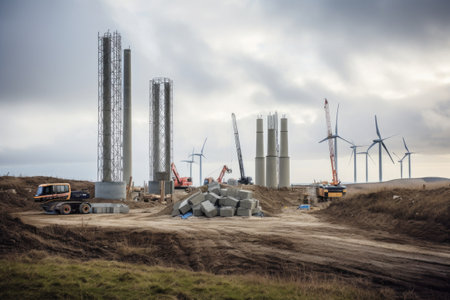 wind turbines being built, with the foundation and framework already in place, created with generative aiの素材