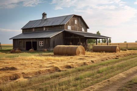 barn with metal roof and bales of hay for a rustic but modern setting, created with generative aiの素材