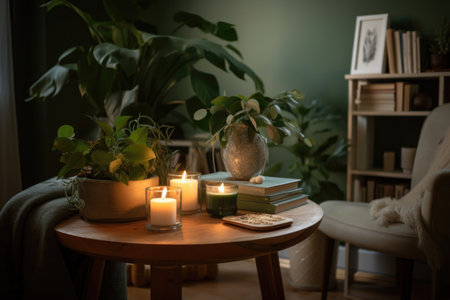 cozy living room with plants, books and candles for a calming atmosphere, created with generative aiの素材