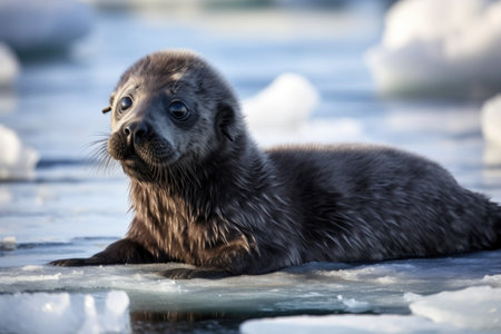 a seal pup sits on the edge of a frozen lake, its eyes fixed on something in the distance, created with generative aiの素材