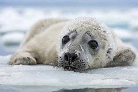 view of seal pup lying on its side, with icy shorline in the background, created with generative aiの素材