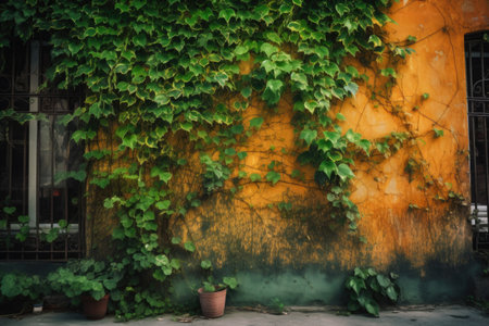 green wall with climbing vines, providing natural pop of color, created with generative aiの素材