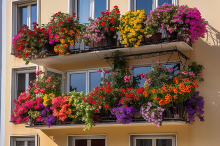 a colorful window garden overflowing with blooms on a modern apartment balcony, created with generative aiの素材