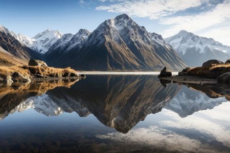 majestic mountain range reflected in tranquil lake, created with generative aiの素材