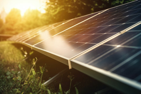 close-up of solar panels, with rays of sunlight shining down, created with generative aiの素材