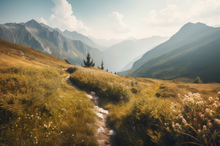 majestic mountain range, with hiking trails and pathways winding through the landscape, created with generative aiの素材