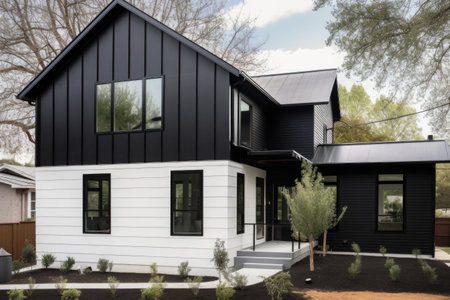 house with dramatic black metal exterior and white trim, created with generative aiの素材