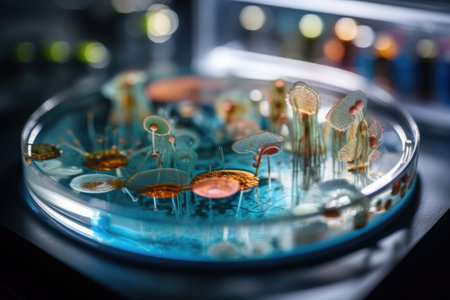 petri dish with growth of bacteria, microorganisms or fungi growing in artificial environment, created with generative aiの素材