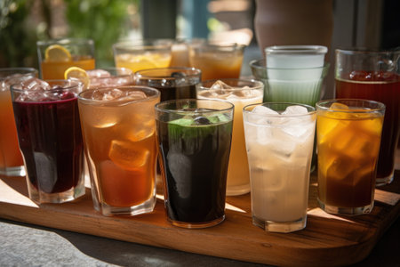 a selection of iced teas and coffees in different shapes, sizes, and colors, created with generative aiの素材