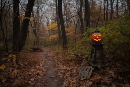 spooky trail marker in the forest with lantern and jack-o-lantern, created with generative aiの素材